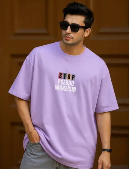 Mens's Oversized Black T-Shirt - "Psuedo Wokesim" Graphic Print | Drop Shoulder Cotton Streetwear Tee