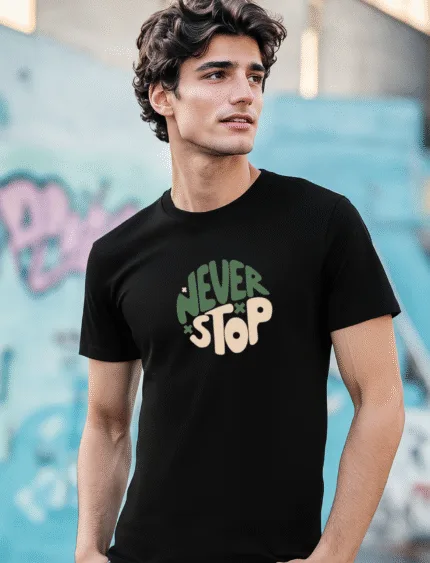 Never Stop x Pew Pew Madafakas Dual-Print T-Shirt – Regular Fit Men’s Graphic Tee | Funny Cat Meme Streetwear