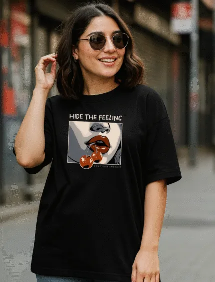 Hide The Feeling Oversized T-Shirt – Grey Pop Art Women’s Tee | Graphic Streetwear with Cherry Design